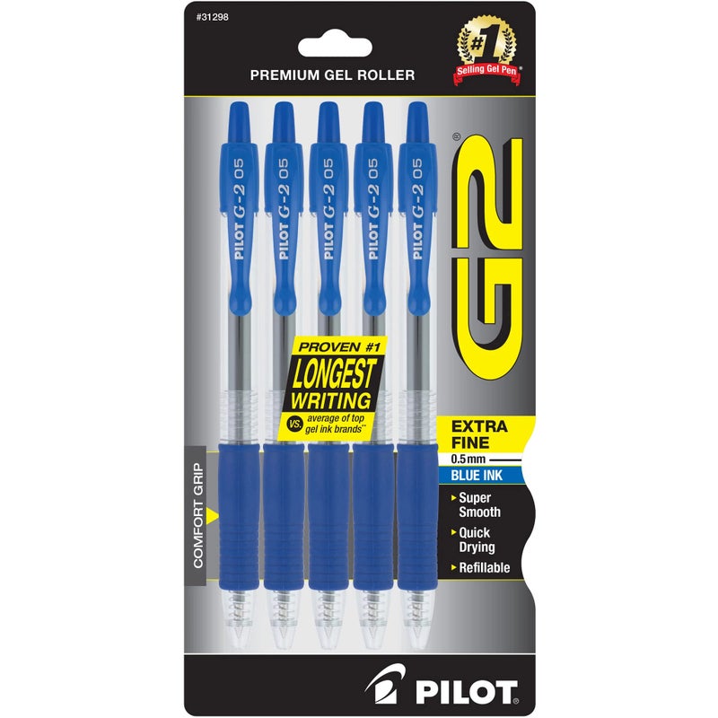 Pilot, G2 Premium Gel Roller Pens, Extra Fine Point 0.5 mm, Pack of 5, Blue - Image 1